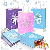 Cindeer 21 Pieces Snowflake Party Favors Bags Kraft Paper Candy Treat Goodie Gift Bags with Handles for Winter Wonderland Snowflake Theme Christmas Holiday Birthday Party Supplies