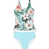 Qaoerde Girls Swimsuit Two Piece Girls Tankini Swimsuit Drawstring Printed Bathing Suit Ruched Swimwear Set 9-16 Years