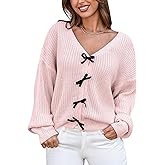CUPSHE Womens Sweaters Bow Sweater Neck Casual Long Sleeve Lightweight Crochet Pullover Sweater Tops