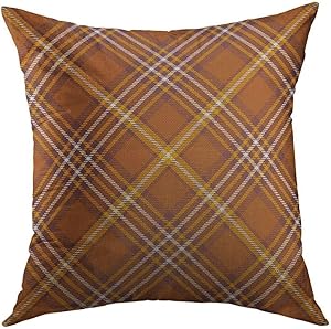 Mugod Decorative Throw Pillow Cover for Couch Sofa,Border Tartan Plaid Pattern Checkered in Stripes of Golden Brown Orange Dark Reddish White Check Home Decor Pillow case 18x18 Inch