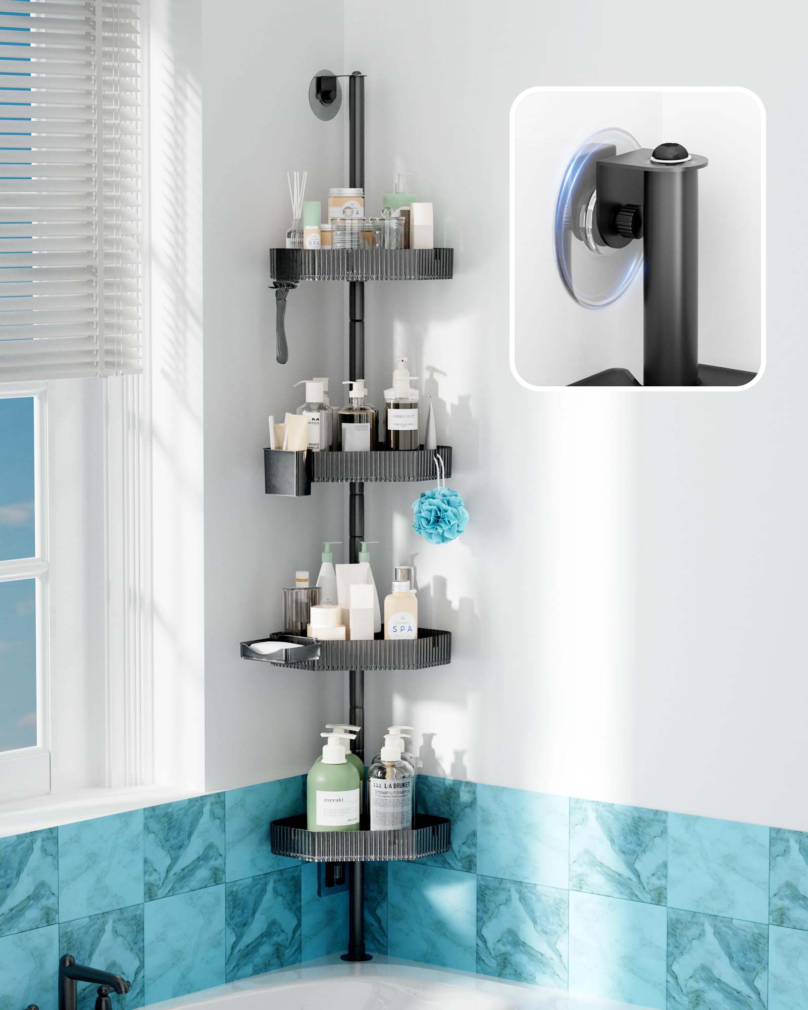 Photo 1 of UNEEDE 60in Corner Shower Caddy Pole for Bathroom Bathtub,4 Tier Adjustable Height Acrylic Storage Shelves, Floor Standing Bath Rack for Bathroom,Large Capacity Easy Installation Shower Organizer