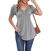 AMCLOS Womens Summer Basic Tops V Neck Tee Shirts Flowy Pleats Tunic Short Sleeve Dressy Casual Summer Blouses 2025