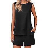 PINSPARK Two Piece Sets for Women Summer Sleeveless Lounge Set Crewneck Tops Sweatsuit Drawstring Shorts Tracksuit Outfits