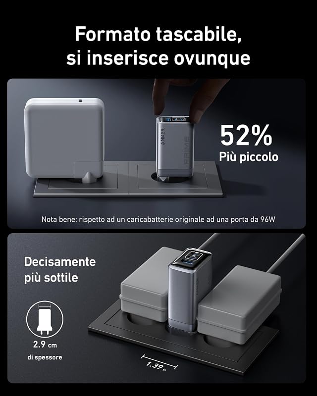 Prime Caricatore USB C 100W GaN, Pieghevole e Compatto, 3 Porte