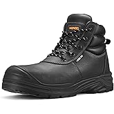 NINGO Steel Toe Work Boots for Men, Non Slip & Puncture Resistant Construction Boots with Breathable Lining, EH Protection, Comfortable Mens Safety Leather Work Shoes for Industrial, Walking Warehouse