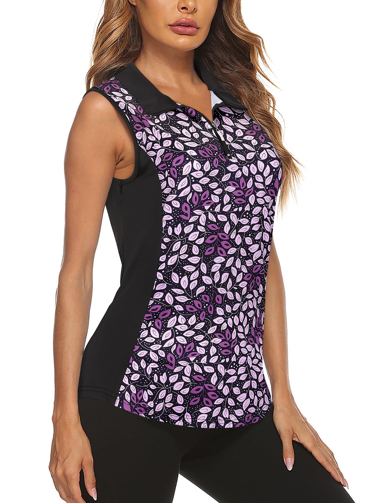 Photo 1 of Misyula Style Sleeveless Golf Shirts for Women, Ladies Gym Workout Tank Tops Dry Fit UPF 50+ Quarter Zip Athletic Polo Tennis Outfits,Purple-Leaf,M
