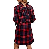 YEXPINE Women's Fall Plaid Dress Bow Tie Long Sleeve Dresses Casual Elegant Formal Shift Mini Dress with Pockets