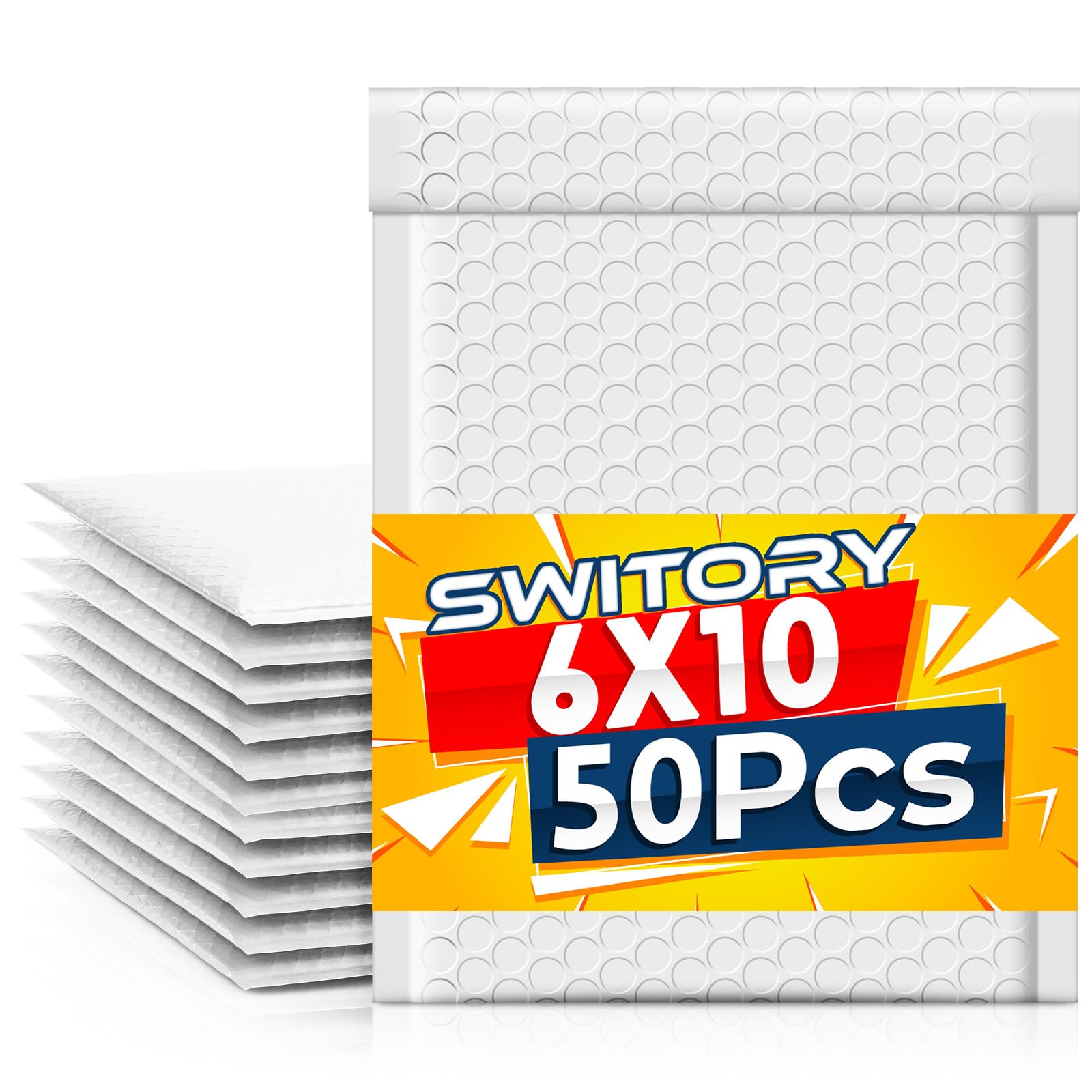 Switory 50pcs Padded Envelopes15.3cmx26.9cm Assorted Color Poly Bubble Mailers A5 Padded Envelopes Bubble Lined Poly Mailer Self Seal for Packaging (White)