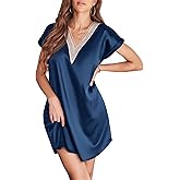 Ekouaer Satin Nightgowns for Women Short Sleeve Nightshirt Silk Sleepwear Lace V Neck Pajama Dress S-XXL