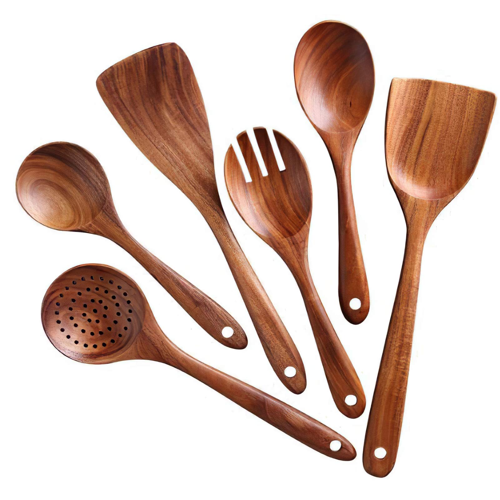 rismart 8pcs Wooden Cookware Kitchen Utensil Nonstick Natural Wood Spatula, Spoon, Colander and Salad Fork Cooking Set, 6pcs