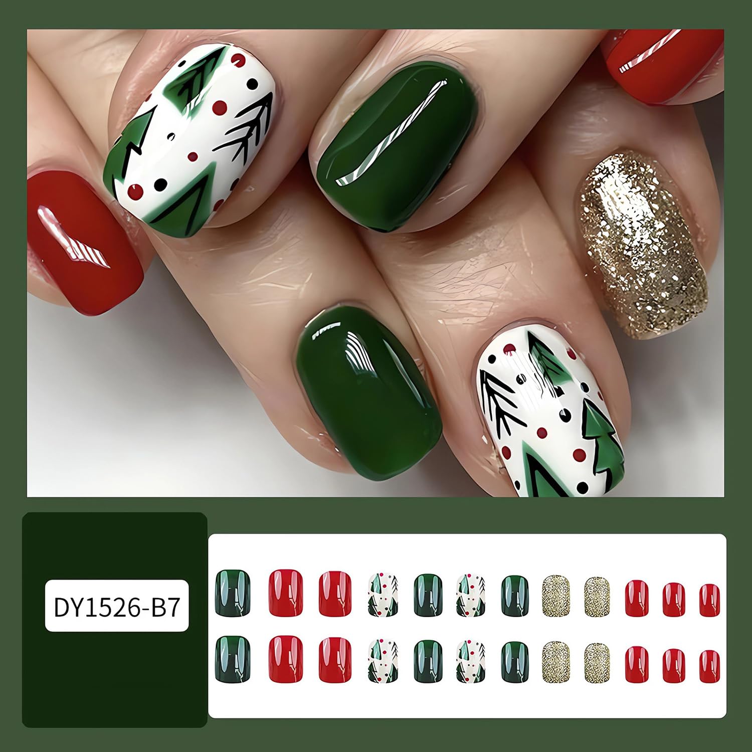 Short Square Christmas Press on Nails Christmas Tree Colored Ball Glue on Nails with Glitters Glossy Finish Green & Red Christmas Acrylic False Nails Cute Stick on Nails for Women Nail Art Decoration - Image 2