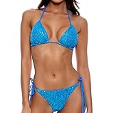 Women's Shiny Triangle Bikini Set Sequin Halter String Backless Tie Side Two Piece Swimsuit Bathing Suit