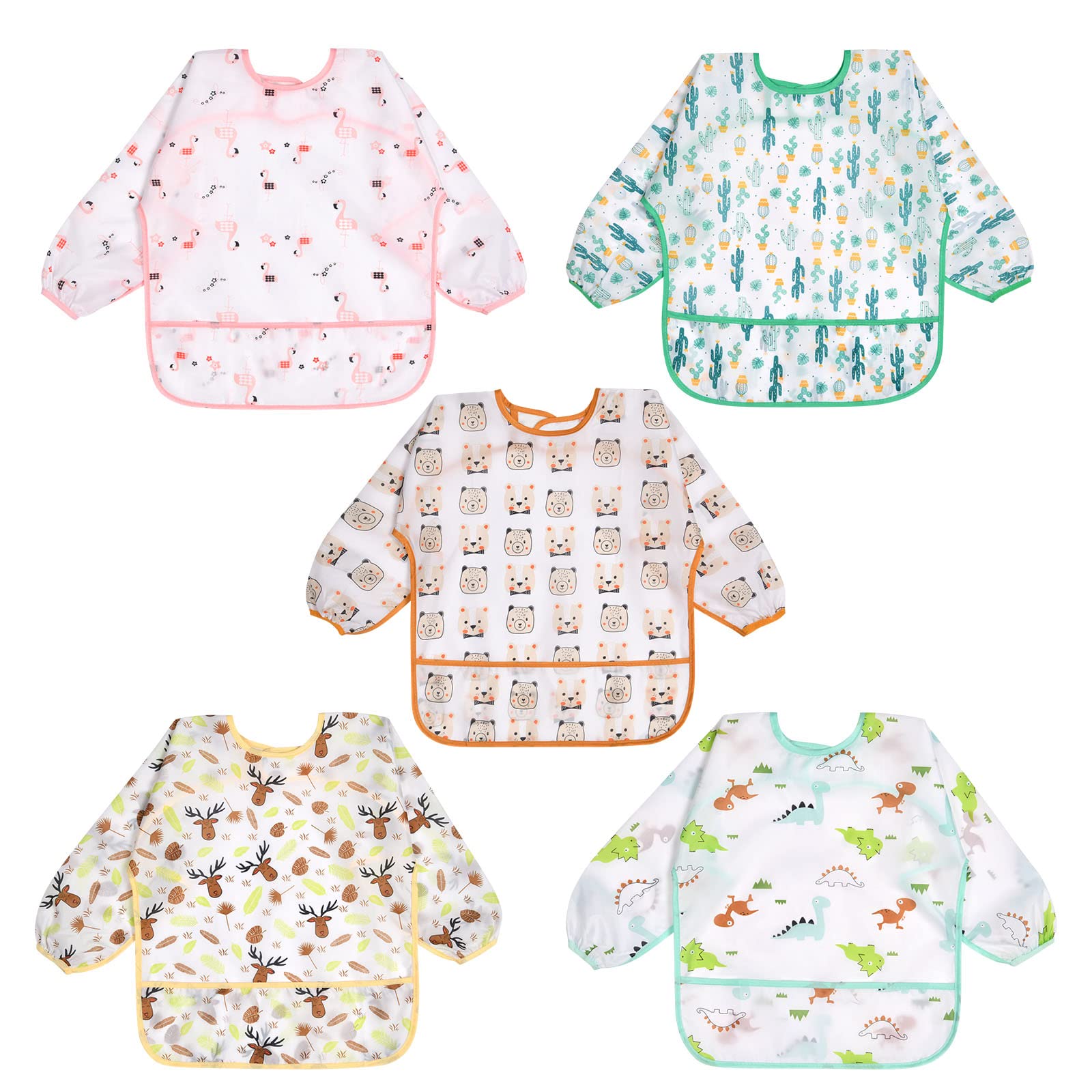 Vicloon Bibs with Sleeves, 5Pcs Long Sleeve Waterproof Bibs, Unisex Feeding Bib with Large Pocket, Bib Apron Lovely Cute Cartoon Bibes for Infant Toddler 6 Months to 24 Months