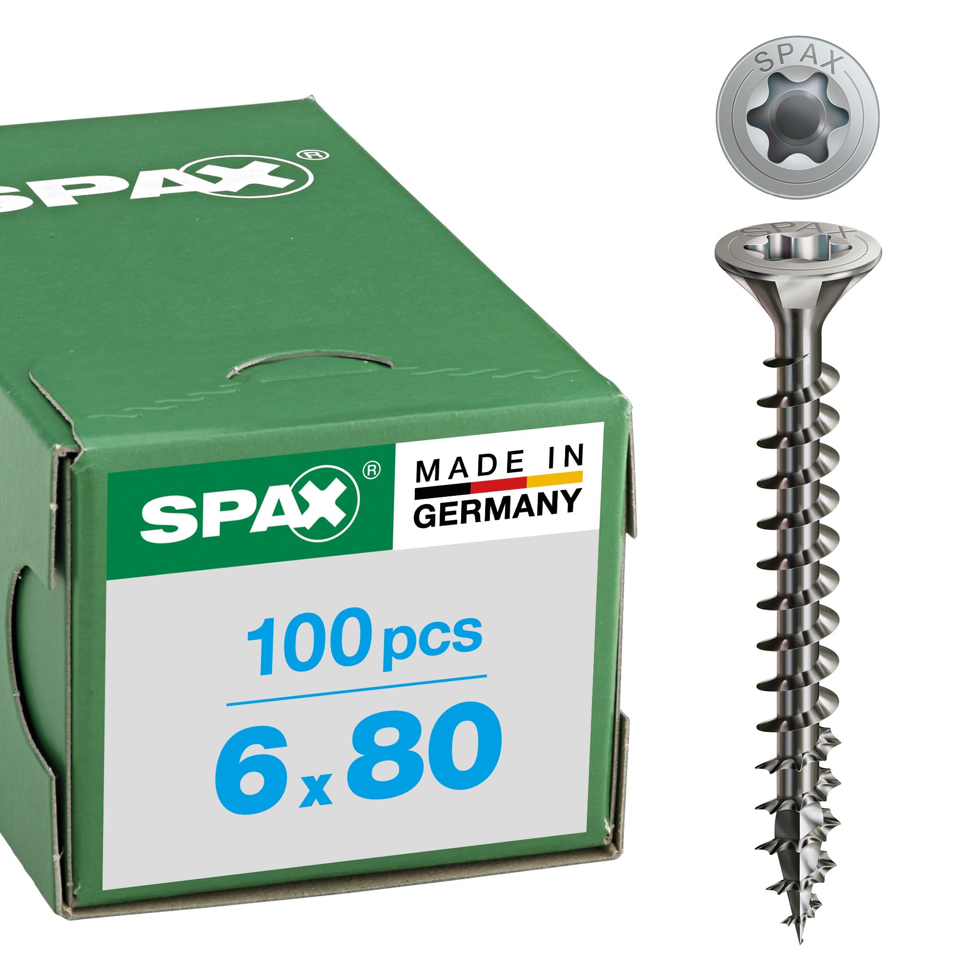 SPAX T-Star Plus 1197000600803 Universal Screws Stainless Steel A2 6.0 x 80 mm Pack of 100 Countersunk Fully Threaded 4Cut