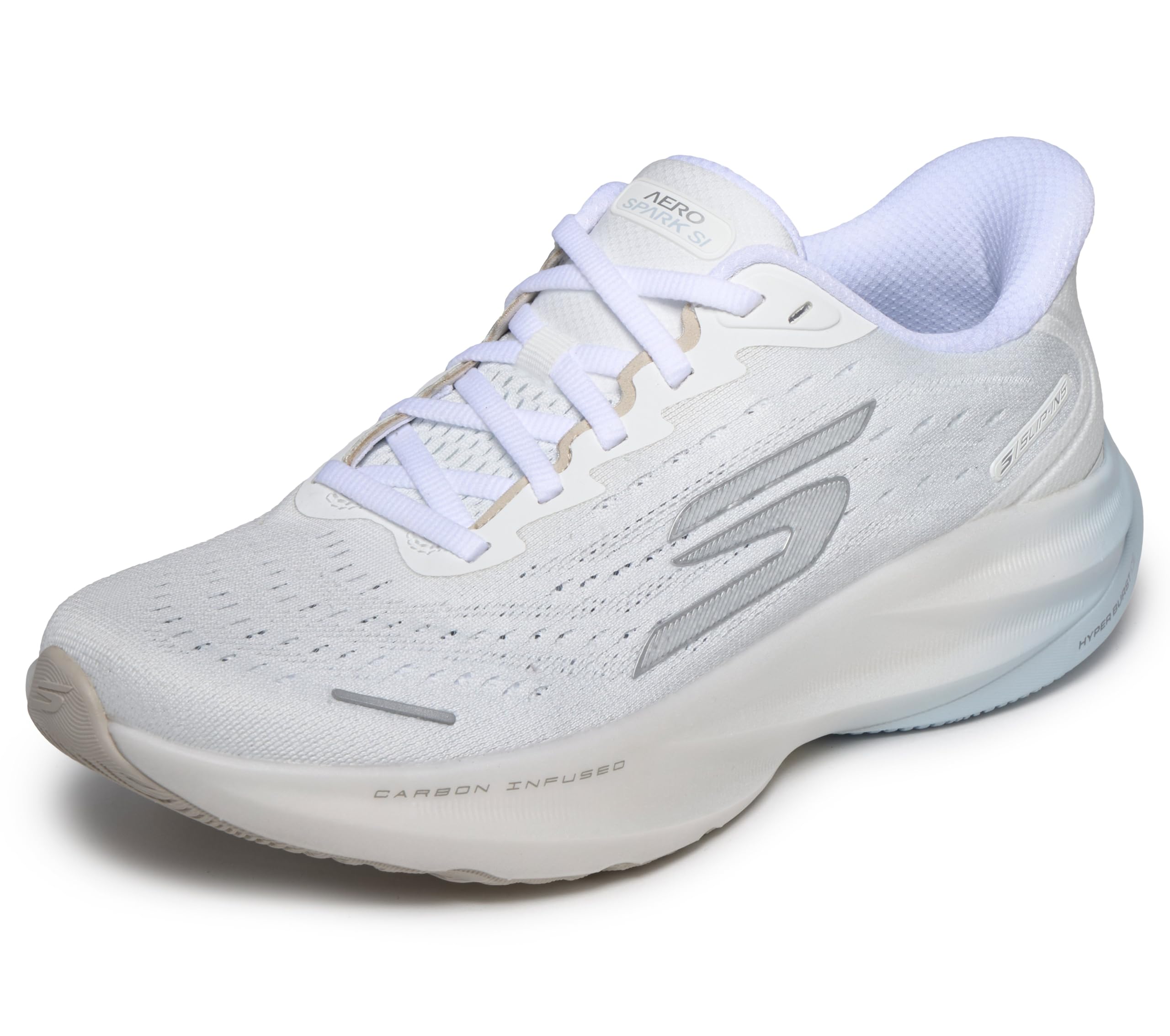 Skechers Women’s Aero Spark Hands Free Slip-Ins Running Shoe, White/Silver/Light Blue, 11