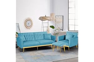ACMEASE 2 Pieces Velvet Sofa Set with Adjustable Armrest and Backrest, 70” Convertible Futon Sofa Bed & Mordern Accent Chair with Ottoman for Living Room, Bedroom, Baby Blue