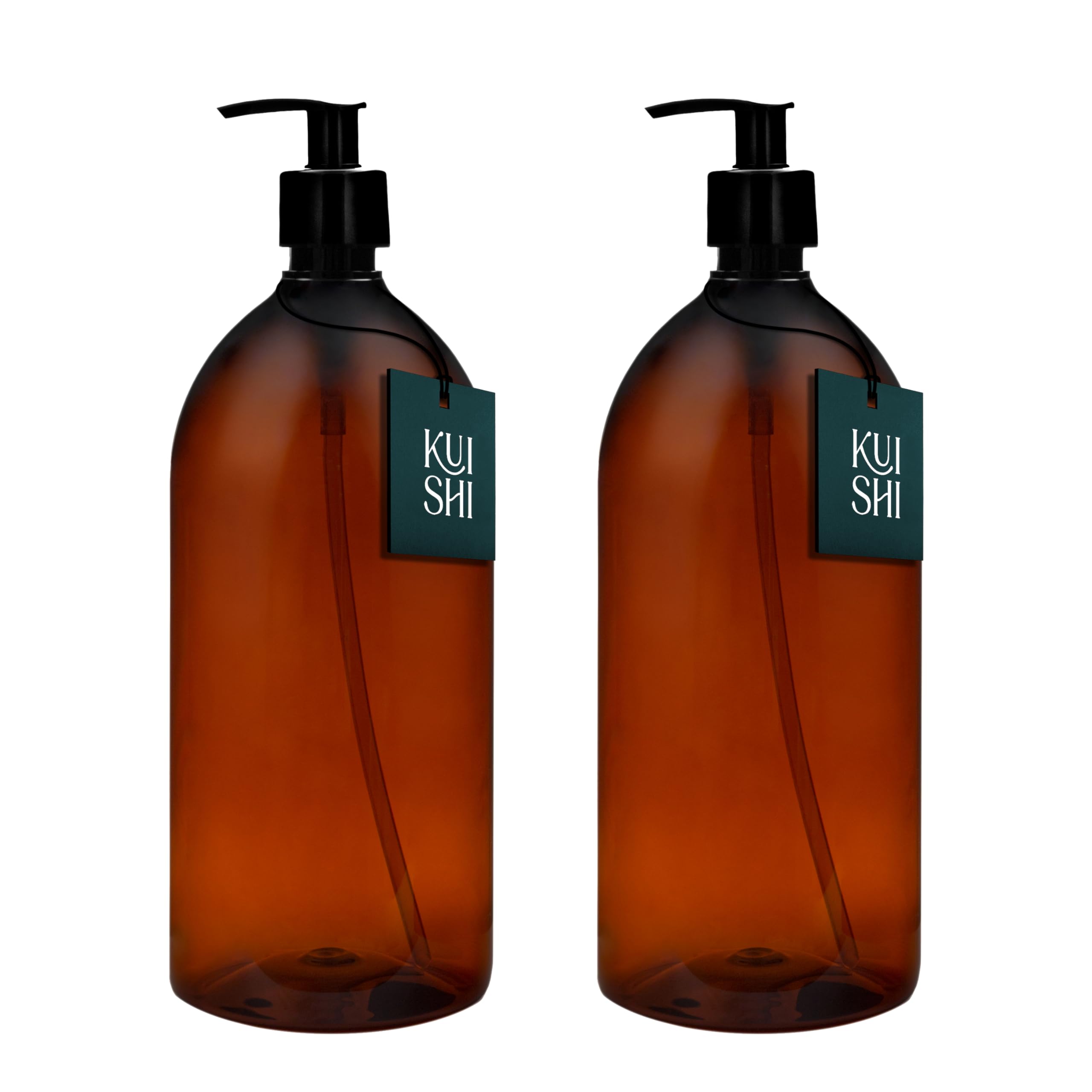 Kuishi Plastic Soap Dispenser with Black Plastic Pump - 1000ml Pack of 2 Refillable BPA-Free Hand Soap Dispenser for Kitchen & Bathroom, Amber