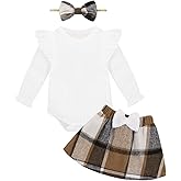 Weixinbuy Baby Girls Fall Outfits 3-Piece Set Long Sleeve Romper & Plaid Skirt Headband Soft Snap Closure 0-18M