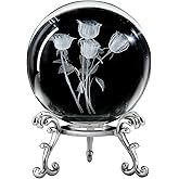QIANCHANG 3D Engraved Rose Crystal Ball with Stand, 60mm Glass Sphere Decorative Ball Paperweight Gifts for Mom Women Girl