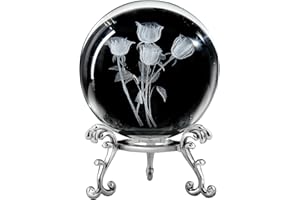 QIANCHANG 3D Engraved Rose Crystal Ball with Stand, 60mm Glass Sphere Decorative Ball Paperweight Gifts for Mom Women Girl