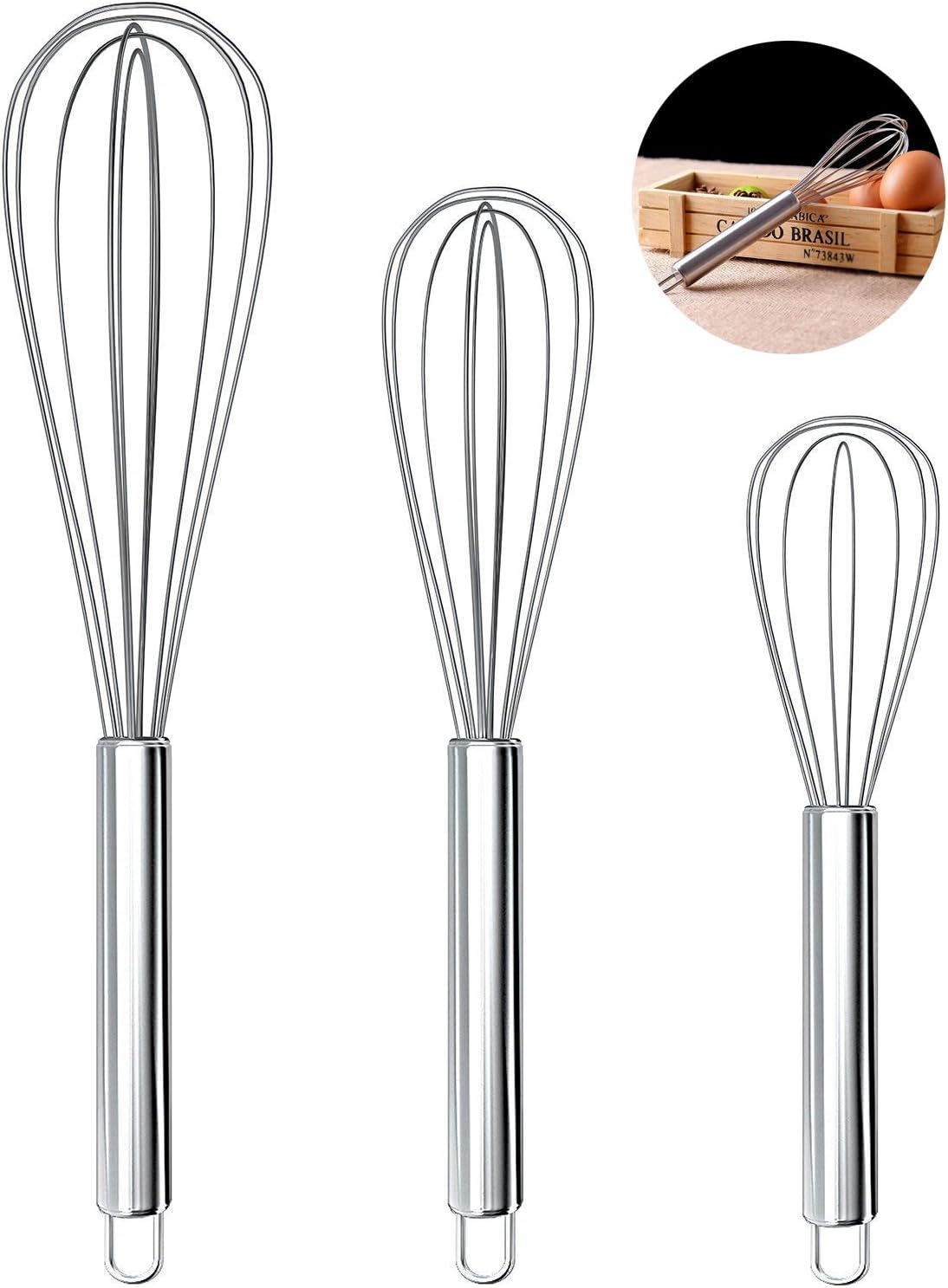 Set of 3 Stainless Steel Whisk 8"+10"+12", Kitchen Balloon Hand Stainless Whisk Set for Blending Whisking Beating Stirring
