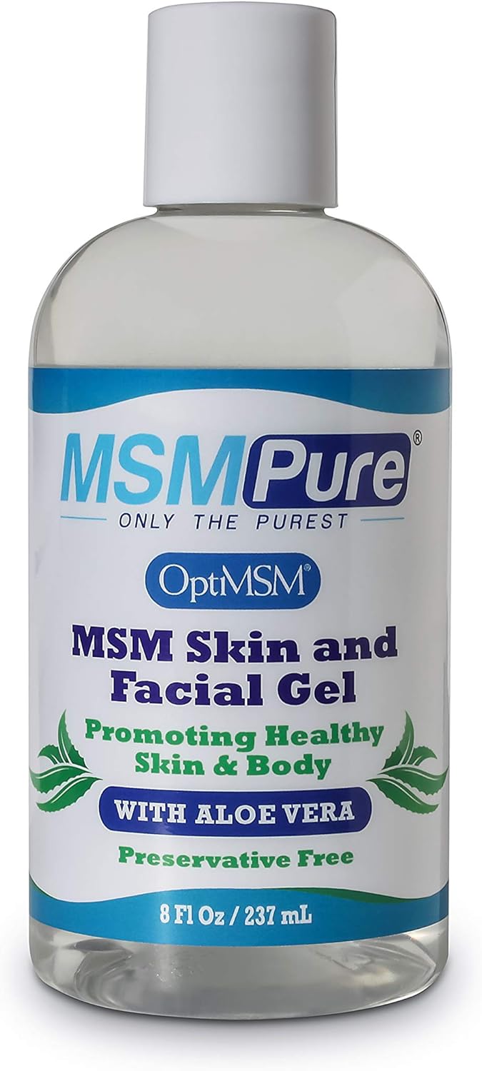 MSMPure Max Strength Skin and Facial MSM Gel with Aloe, 8oz, Preservative Free Formula for Soft Smooth Healthy Glowing Skin