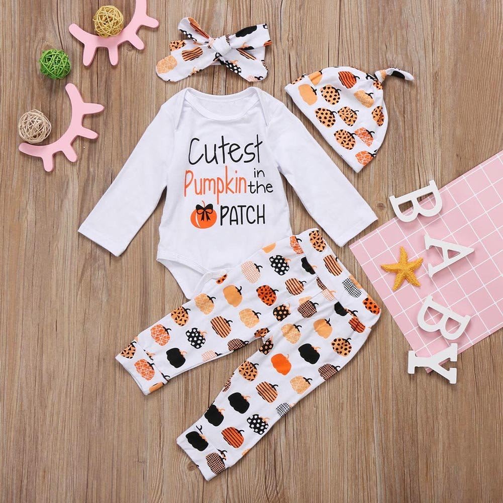 4Pcs Cute Infant Baby Girl Boy Halloween Thanksgiving Clothes Pumpkin Romper with Hat and Long Pants Outfits Set: Clothing