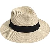AQOKKA Summer Straw Fedora Hat for Women Men Travel Panama Hat with Wide Brim Roll Up Sun Hat for Beach Outdoor UPF 50+