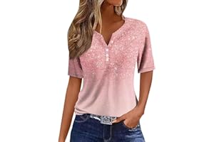 OVTICZA Sequin Tops for Women Short Sleeve V Neck 2024 Summer Casual T Shirt Tee Fashion Sparkly Print Button Blouses Basic Pullover