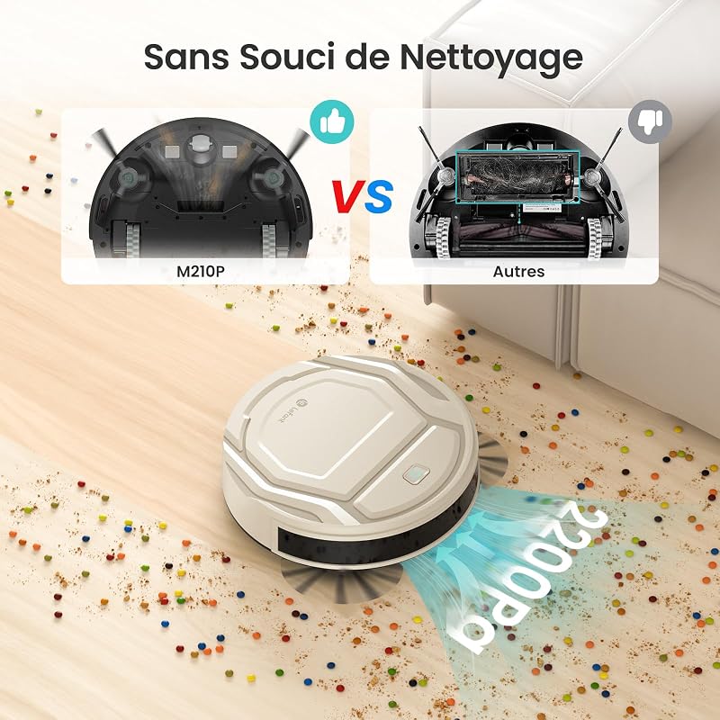 Aspirateur Robot Mince 2200Pa, Silencieux 55dB, Connecté avec WiFi/Bluetooth/Alexa/App, 120min d'Autonomie, Auto-Charge, Idéal pour Poils d'animaux Sols Durs, M210P Champagne