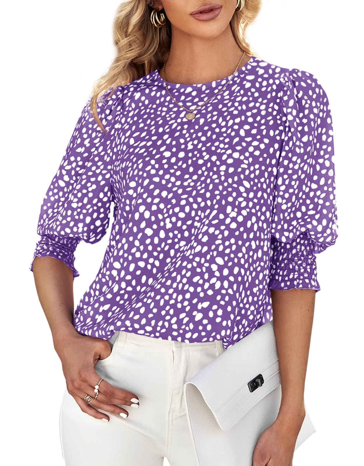 Photo 1 of Teurkia Women's Puff-Sleeve Crew-Neck Blouse Summer Polka Dot Tee Tops Purple M