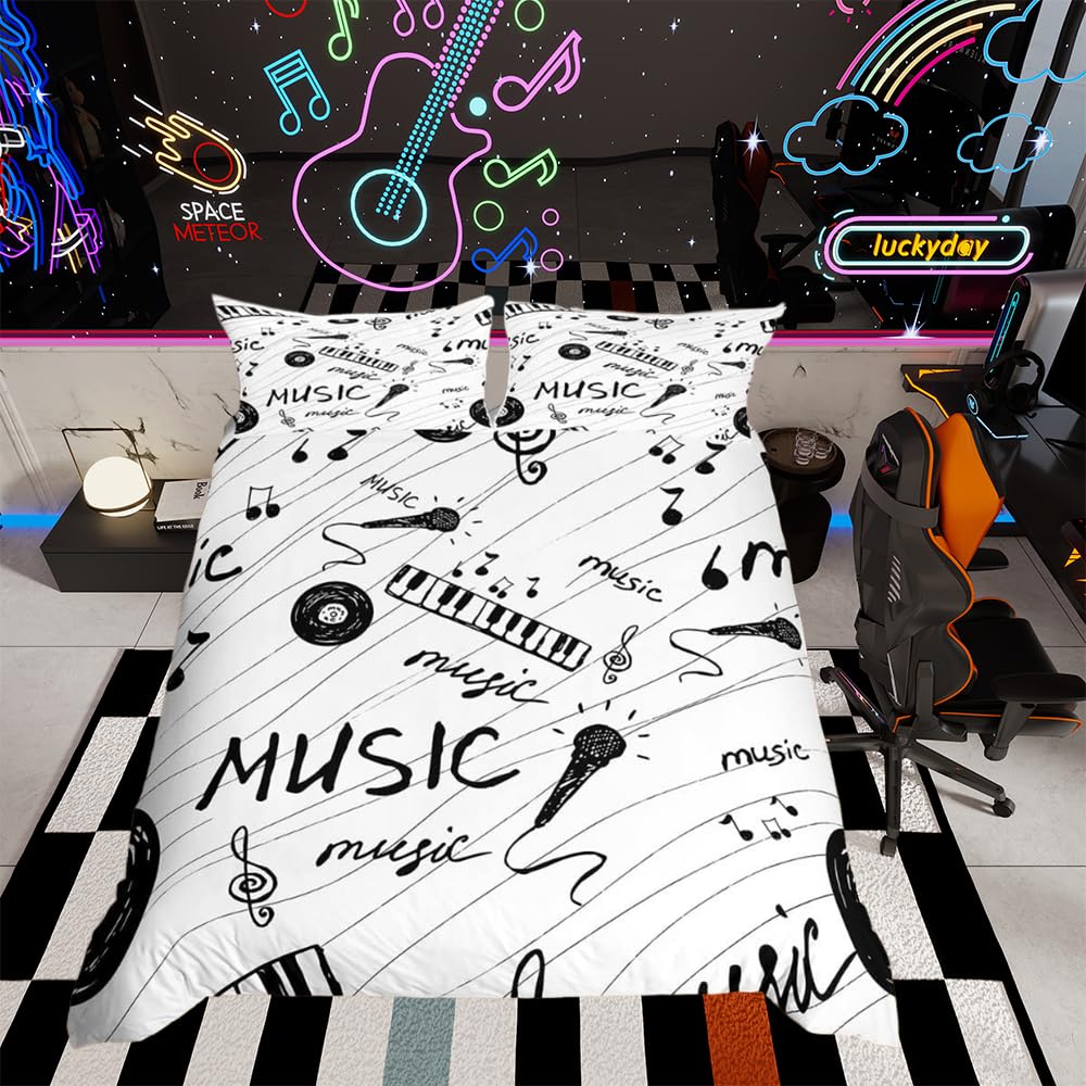 Black and White Music Note Bedding Set - Comforter Cover for Boys Girls Kids Teens - Musical Duvet Cover With Retro Microphone Vinyl Records Pattern - King Size