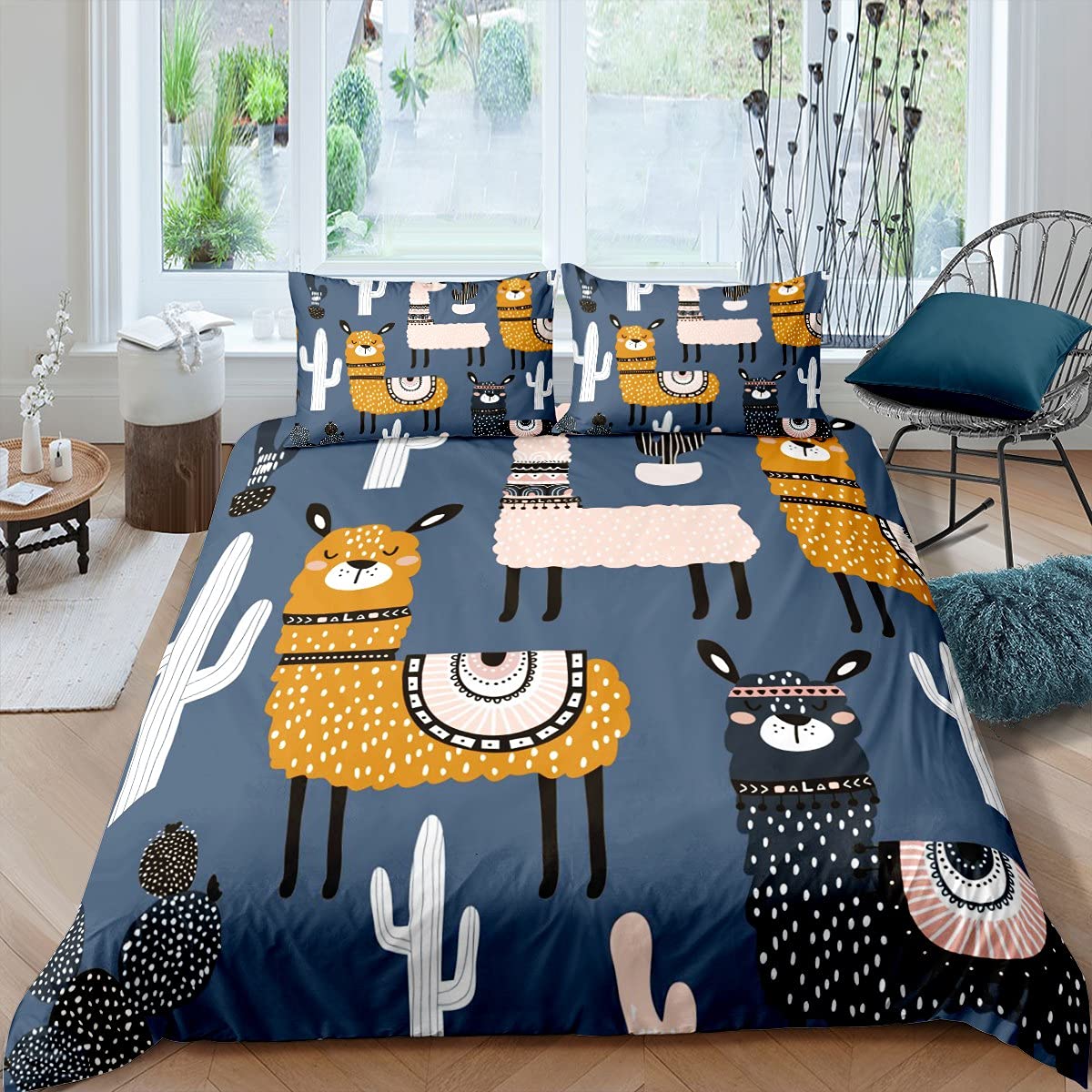 richhome Alpaca Kids Bedding 3 pieces, Funny Alpaca Cactus Boho Cactus Drawing Comforter Cover for Boys Girls, Ultra Soft Bedspread Bedroom Decor Quilt Cover King Size,Navy Blue
