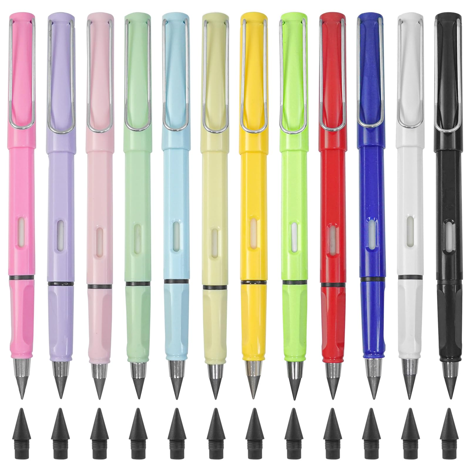 XNJIHWA 12PCS Infinity Pencils Black Refill Pencil Inkless Everlasting Pencil with Eraser and 12pcs Replacement Nibs for Writing, Drawing, Home, Office, School