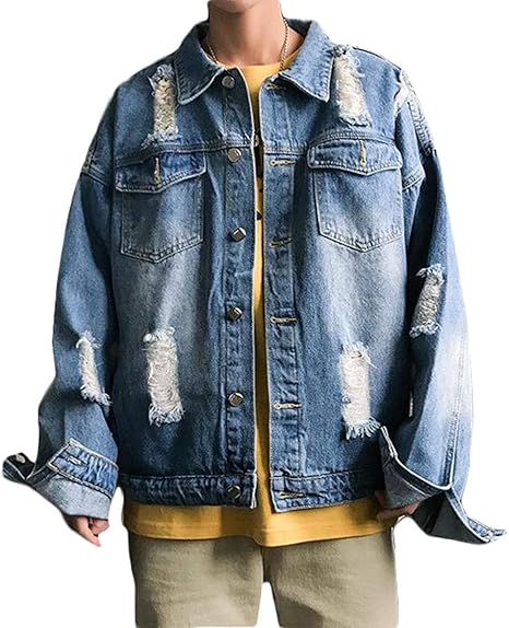Amazon Zhongjue ジュージェン ジージャン メンズ 長袖 ゆったり ダメージ デニムジャケット 春服 アウター ストリート系 ファッション Gジャン コート ジャケット 通販