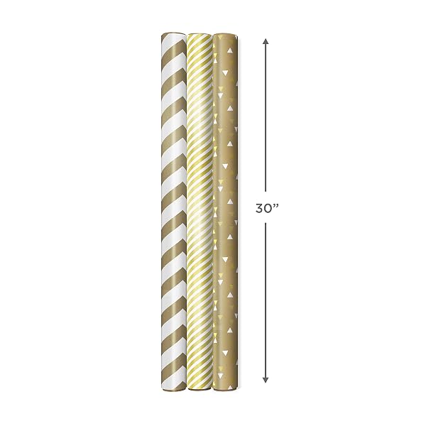 HALLMARK WHITE AND GOLD WRAPPING PAPER ROLLS FOR GRADUATION, BIRTHDAY, WEDDING, BRIDAL SHOWER, ALL OCCASION – BROWN KRAFT GIFT WRAP (SET OF 3 REVERSIBLE ROLLS: 75 SQ. FT. TTL.)