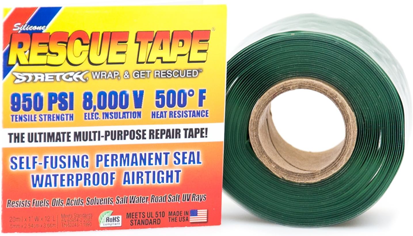 Rescue Tape | Self-Fusing Silicone Tape | Emergency Pipe & Plumbing Repair | DIY Repairs | Seal Radiator Hose Leaks | Wrap Electrical Wires | Used By US Military | 1” X 12’ | Silicone Rubber | Green