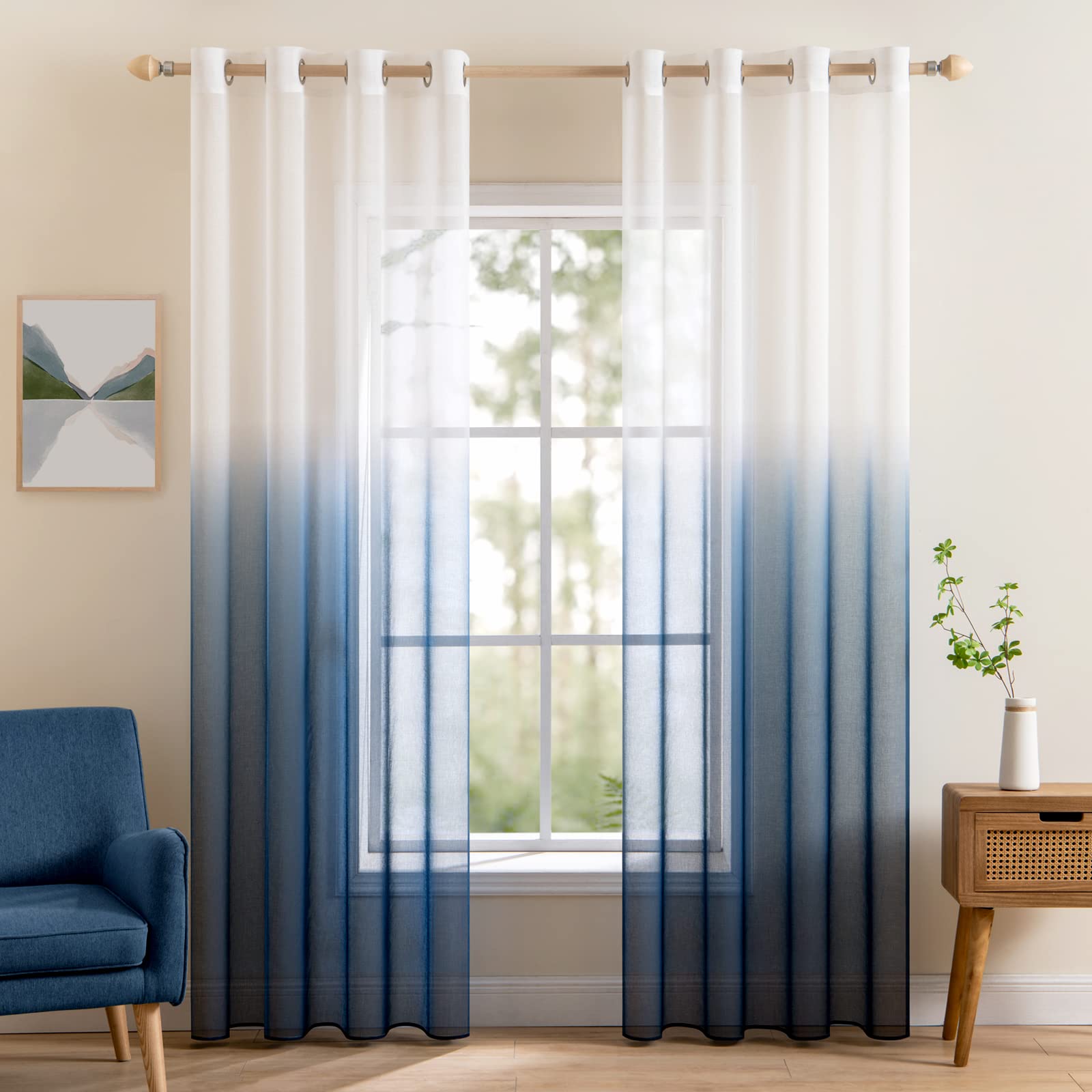 MIULEE Set of 2 Gradient Voile Curtains with Eyelets, Polyester Colour Changed Window Voile Shade Semi-Transparent Decoration for Living Room, Bedroom, Office, 140 x 245 cm (W x H) Sea