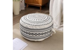 MOCOFO Unstuffed Round Pouf Covers Boho Colorful Geometric Ottoman Pouf Cover with Handle Design,Decoration Footstool for Living Room,Bedroom,Patio (Black,18x18x8)
