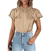 PRETTYGARDEN Business Casual Tops for Women Blouses Dressy 2026 Summer Short Sleeve Ruffle Satin Work Office Attire