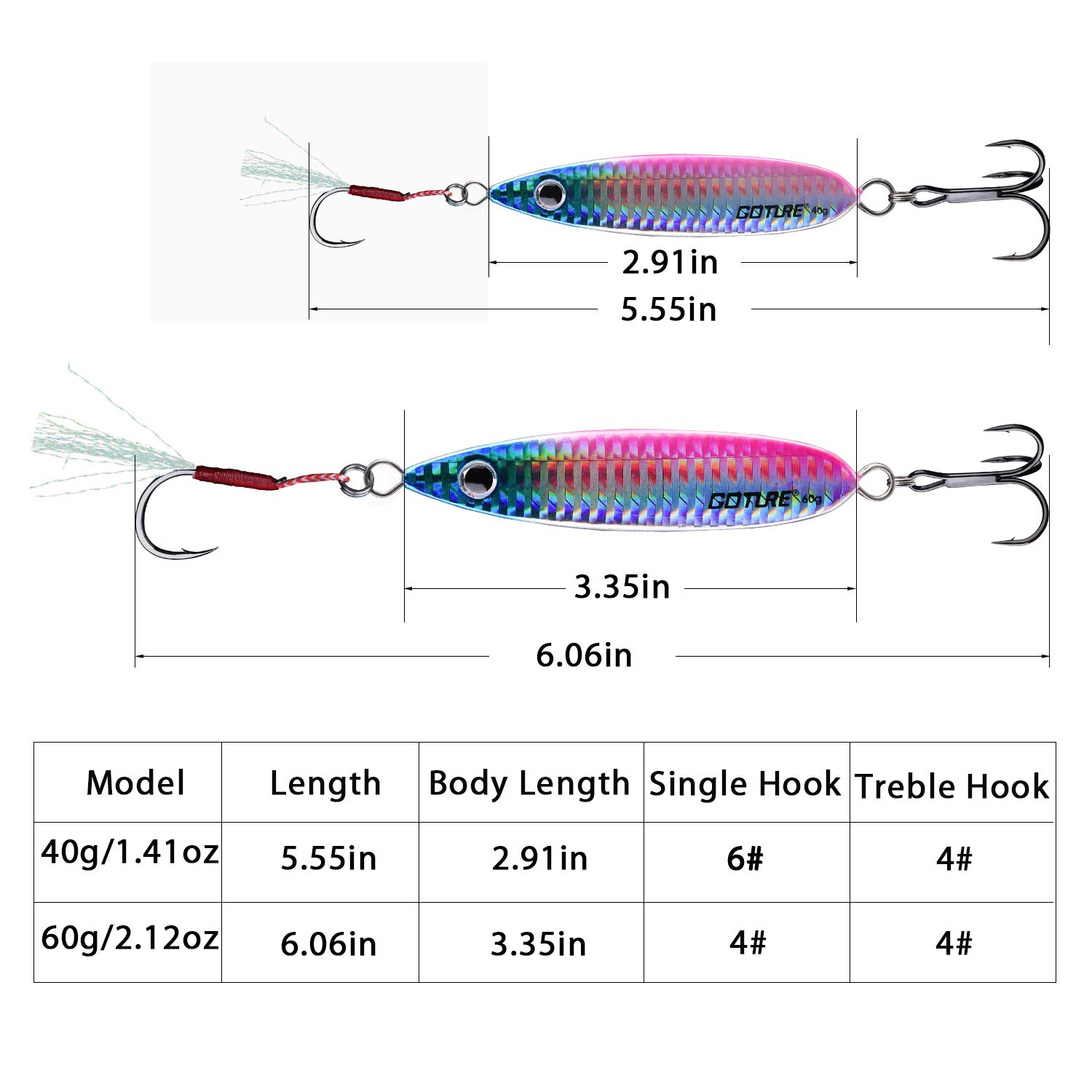 Goture Vertical Jigs Fishing Lure Metal Spoons with Feather Treble Hooks Saltwater Jigging Bait - Multi Colors， Pack of 5, 1.41oz