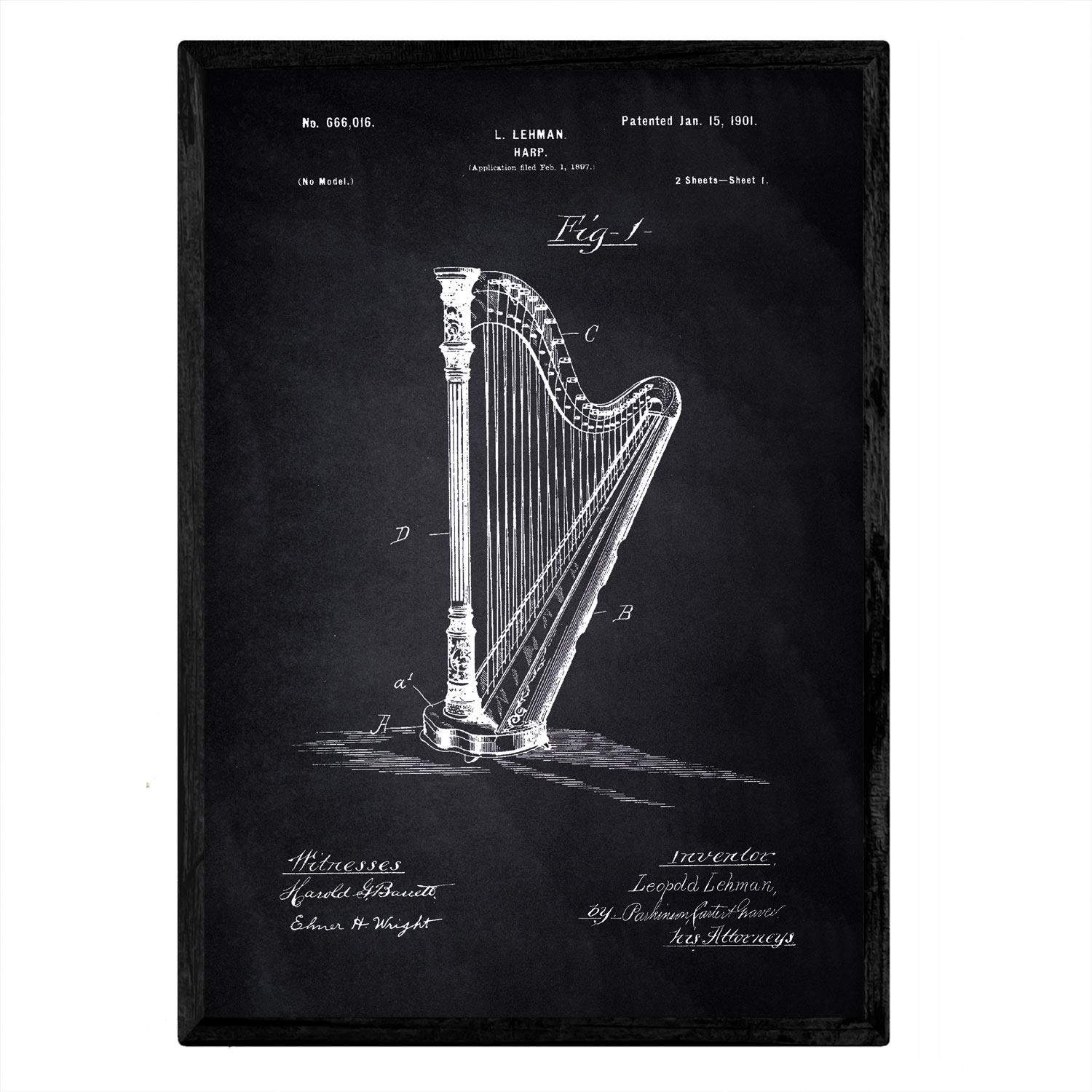 Nacnic Poster patent Harp. Sheet with old design patent A3 size with black background