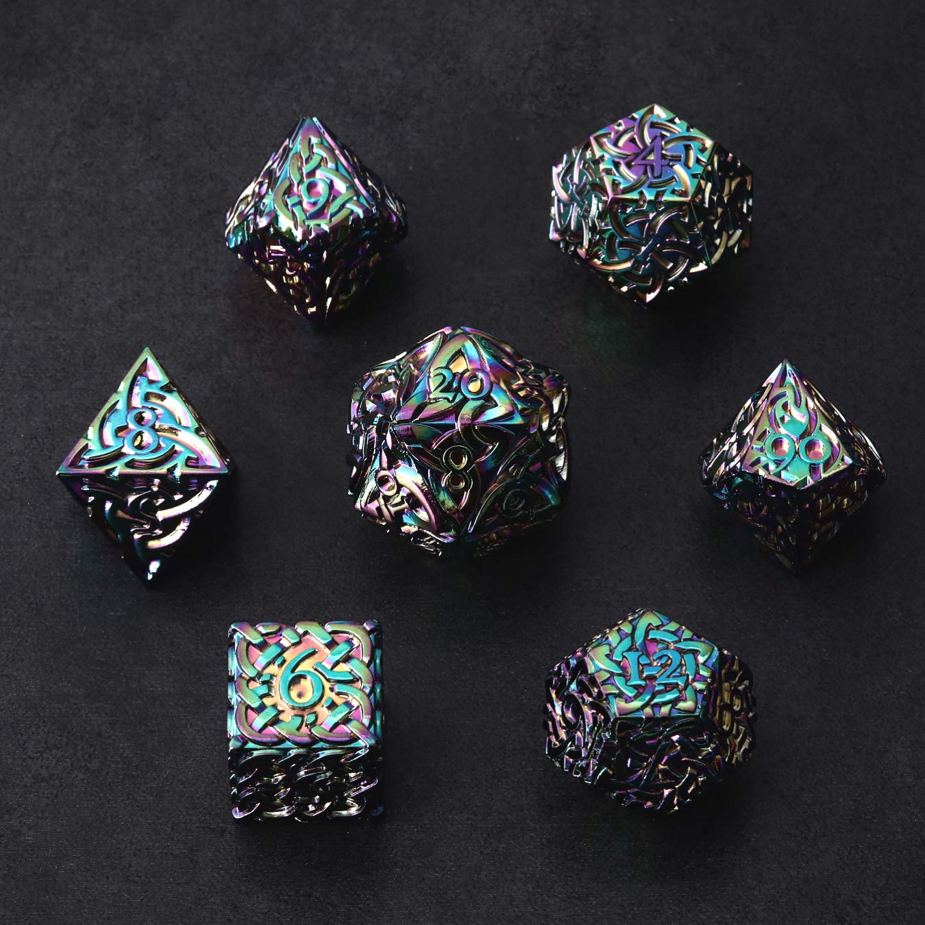 Rainbow Endless Chaos Dice 7 piece Polyhedral Metal Dice Set with Celtic Knots Extra Heavy Extra Large for DnD Dungeons and Dragons Call of Cthulhu Pathfinder Tabletop RPG Dice Bard Sorcerer Dice