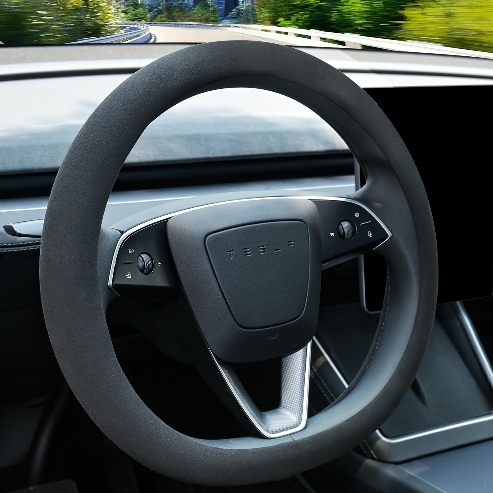 Photo 1 of Uxcer Suede Steering Wheel Cover for Tesla Model 3/Y 2016-2025 2026 Juniper/Highland, Non-Slip Breathable Tesla Model 3/Y Steering Wheel Protector, Black