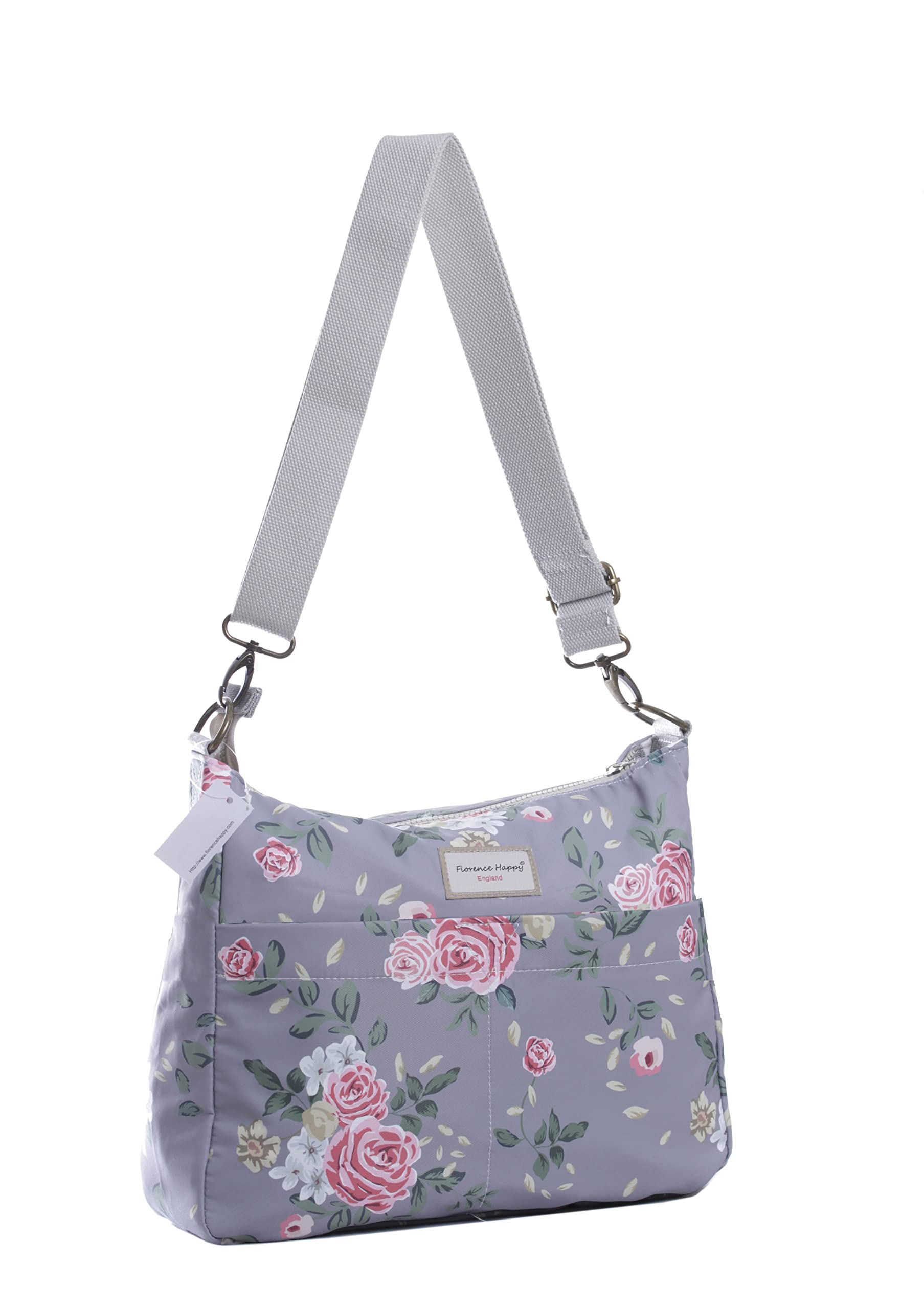 Florence Happy @ England Reversible Messenger Cross Body Shoulder Zip Bag Canvas Linen Corduroy Spot Stripe Floral (Classic Rose)