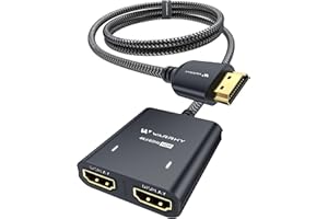 WARRKY HDMI Splitter 4K, 1x2 HDMI Display Duplicate/Mirror, HDMI Splitter 1 in 2 Out [Metal Shell, 3.3 Ft Braided HDMI Cable, LED Indicators], USB-C Powered Splitter, Black-4K@60Hz HDR