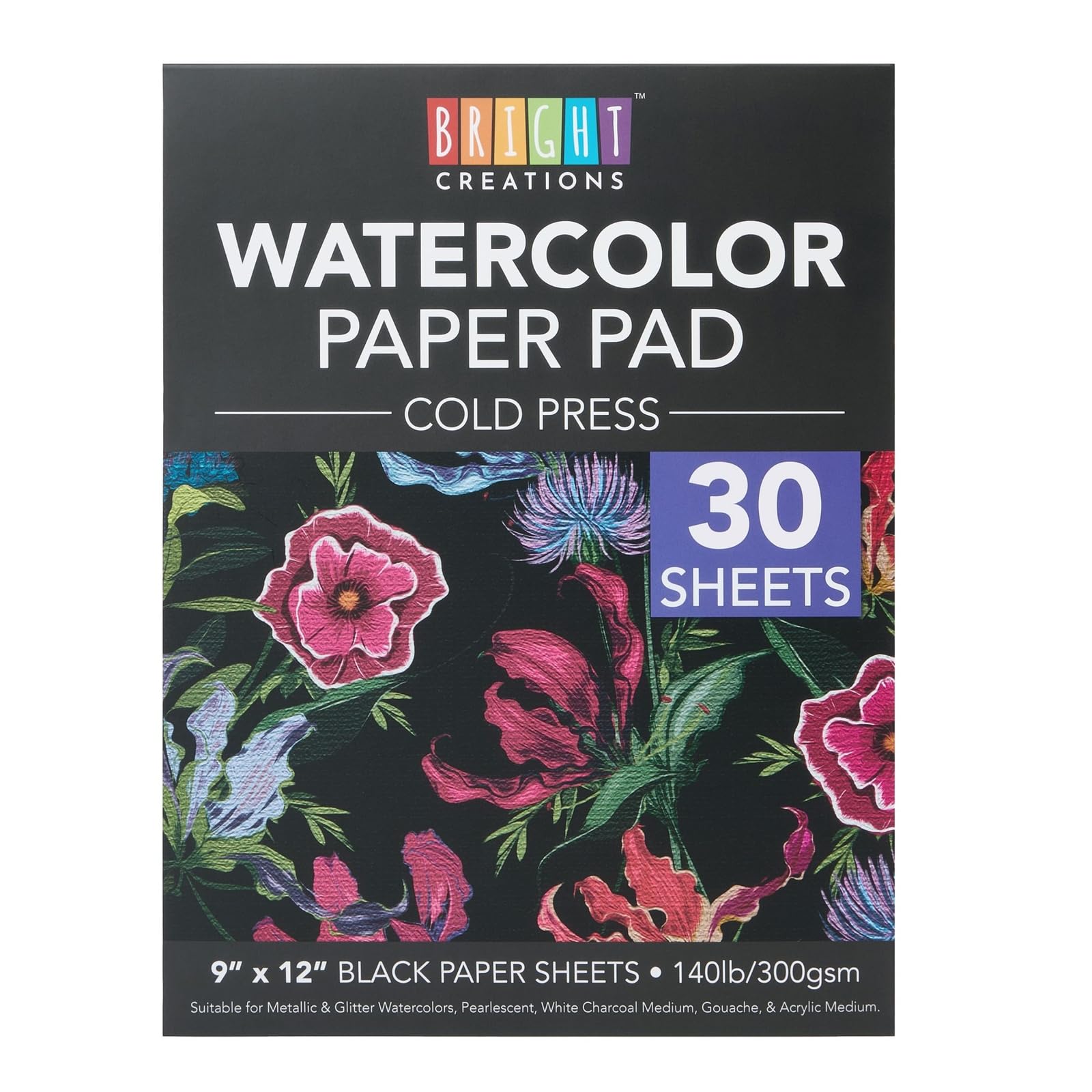 Photo 1 of Bright Creations 30 Sheets 140lb Cold Press Black Watercolor Paper, Drawing Pad for Arts & Crafts, Mixed Media Paper, Black Sketch Pad for Watercolor, Acrylic, Gouache, and Metallic Colors, 9 x 12 in