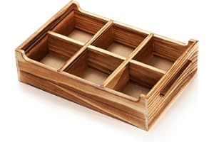 DEAYOU Wood Sugar Packet Organizer, Tea Bag Box Holder with Handle, Wood Tea Bag Chest with 6 Compartment, Countertop Divided Storage Container Caddy Case for Coffee Station, Small Packet, Pine Wood