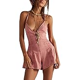 Yoawdats Women Spaghetti Strap Denim Romper Sleeveless V Neck Backless Tie-Up Jean Short Jumpsuits Y2k Ruffle Jean Overalls