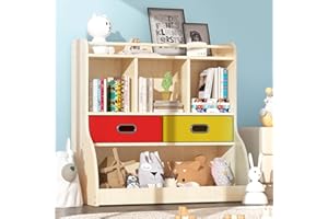 EXPERLAM Wood Toy Storage Organizer with Bookcase, 4-Tier Kids Bookshelf with 2 Movable Drawers, Kids Bookshelf and Toy Storage, Kid’s Multi Shelf Cubby & Book Shelf for Playroom, Bedroom, Burlywood